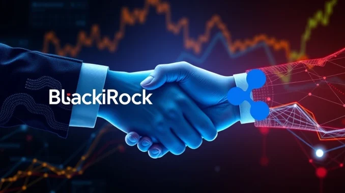 An illustrative image showing the strategic alignment between BlackRock and Ripple, symbolizing the future of finance through tokenized assets on the XRP Ledger.