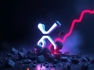 XRP collapse and potential rebound illustrated with a crumbling logo and hopeful glow.