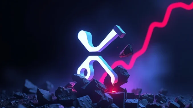 XRP collapse and potential rebound illustrated with a crumbling logo and hopeful glow.