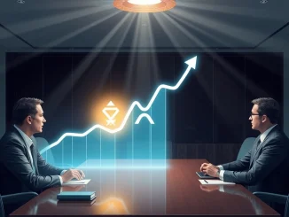 A company executive confidently points to a chart showing a surge in XRP's value, representing Nature's Miracle's bold crypto treasury move.