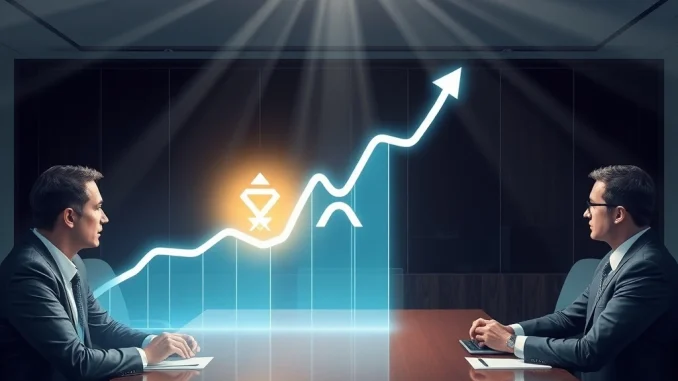 A company executive confidently points to a chart showing a surge in XRP's value, representing Nature's Miracle's bold crypto treasury move.