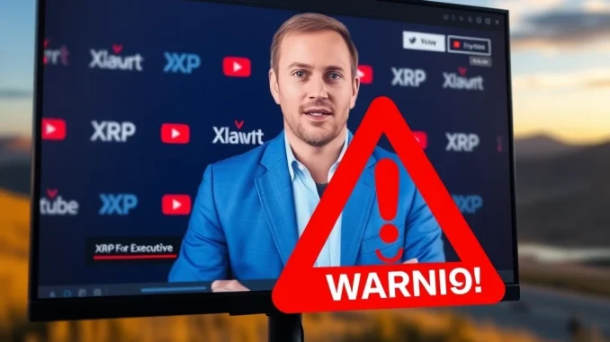 Visualizing XRP News Today: A digital currency graph shows price volatility, while a distorted face represents deepfake scams and urgent warnings from Ripple's CEO.