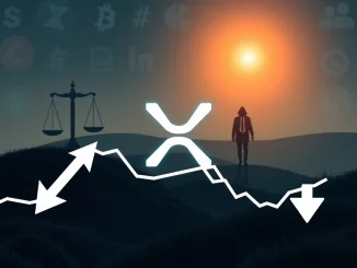 A volatile XRP price chart with legal scales and a shadowy figure, symbolizing the crucial assessment of XRP investment viability amid regulatory changes.