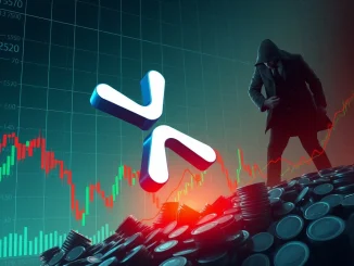 A red downward arrow piercing the XRP logo on a market chart, illustrating the sharp XRP price drop due to Chris Larsen's large transfer.