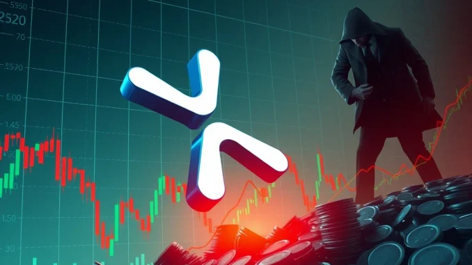 A red downward arrow piercing the XRP logo on a market chart, illustrating the sharp XRP price drop due to Chris Larsen's large transfer.