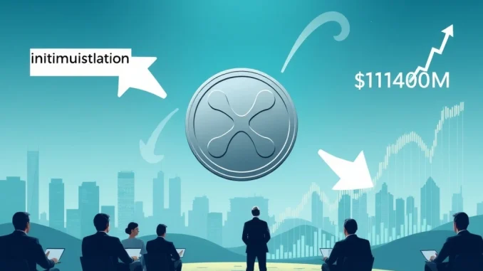 An abstract representation of XRP coins with arrows pointing towards institutional demand and market volatility, reflecting Chris Larsen's significant transfer.