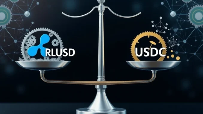 Visualizing how the XRP Ledger's RLUSD stablecoin offers superior integrated infrastructure and efficiency for cross-border payments compared to USDC.