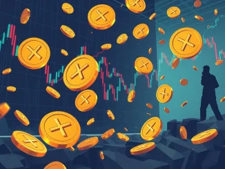 A digital representation of XRP coins with a volatile market graph, illustrating the market anxiety surrounding Chris Larsen's significant XRP movement.