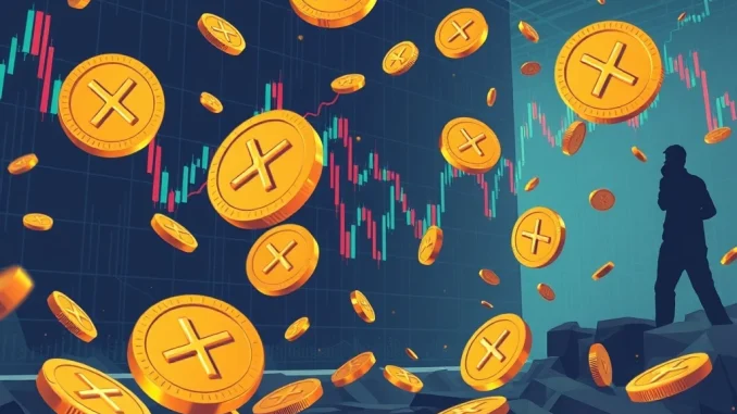 A digital representation of XRP coins with a volatile market graph, illustrating the market anxiety surrounding Chris Larsen's significant XRP movement.