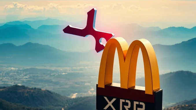An XRP market cap chart visually surpassing McDonald's iconic golden arches, symbolizing a significant financial milestone for digital assets.