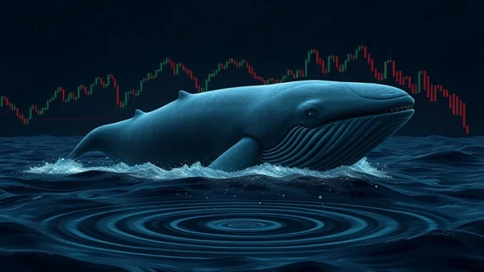 A digital whale pushing down a cryptocurrency chart, symbolizing intense XRP selling pressure and market weakness.