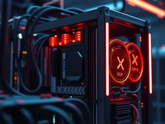 XRP mining rig with glowing coins representing high-yield investment opportunities.