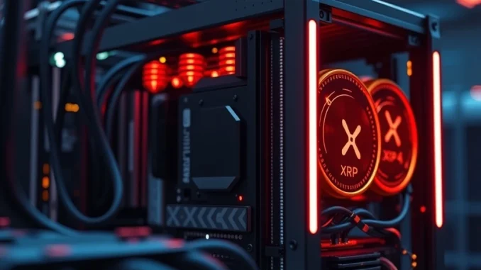 XRP mining rig with glowing coins representing high-yield investment opportunities.