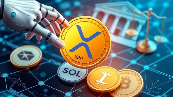 An AI's digital hand excluding an XRP coin from a list of top altcoins, illustrating the impact of SEC legal uncertainty on XRP News.