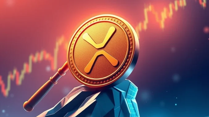 XRP coin surging with legal gavel and bullish chart patterns in the background