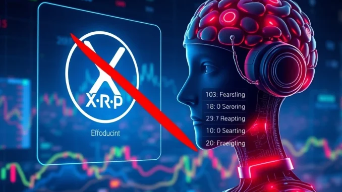 An AI interface displaying crypto charts, highlighting XRP News as excluded from a top altcoin list, emphasizing market analysis.