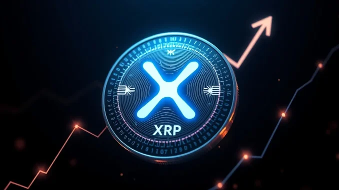 XRP coin glowing with rising graphs, symbolizing growth amid ETF speculation.