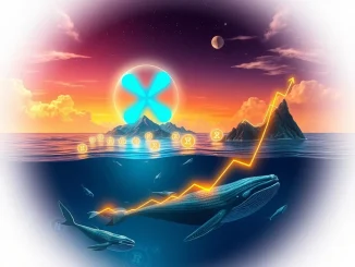Visualizing the XRP news surge, with digital whales accumulating tokens and a rocket-like LILPEPE presale ascending in the crypto market.