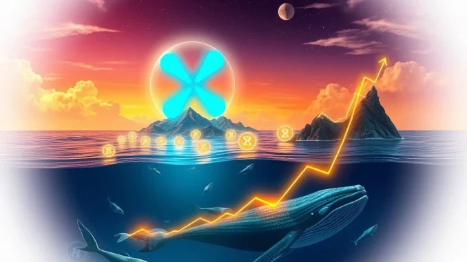 Visualizing the XRP news surge, with digital whales accumulating tokens and a rocket-like LILPEPE presale ascending in the crypto market.