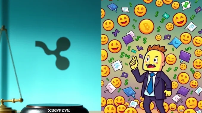 Depicts the divergent paths of XRP and LILPEPE, contrasting Ripple XRP's legal battles with meme coin speculation.
