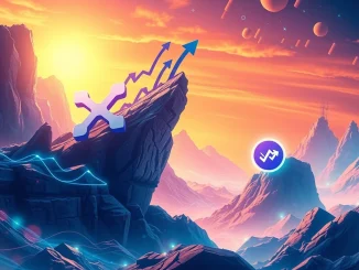 A dynamic visual representing XRP News and Mutuum Finance's growth, with upward arrows and financial charts symbolizing market surges and presale potential.