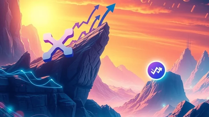 A dynamic visual representing XRP News and Mutuum Finance's growth, with upward arrows and financial charts symbolizing market surges and presale potential.