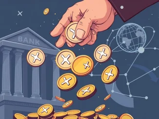 A crypto strategist confidently buys XRP during a price dip, symbolizing strategic investment in XRP amidst Ripple's pursuit of a banking license for global payments.