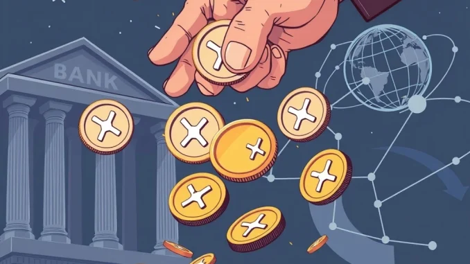 A crypto strategist confidently buys XRP during a price dip, symbolizing strategic investment in XRP amidst Ripple's pursuit of a banking license for global payments.