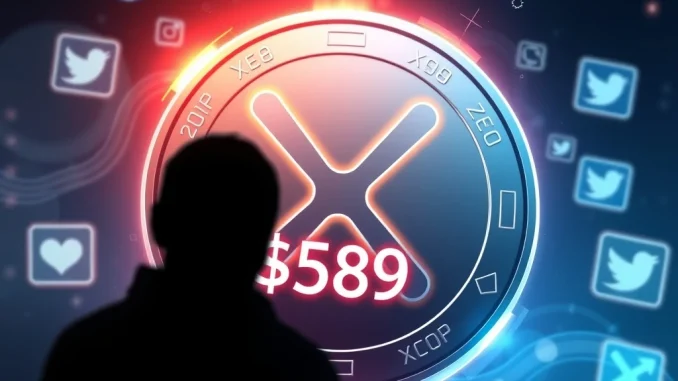 XRP coin with $589 price theory speculation in a futuristic digital illustration