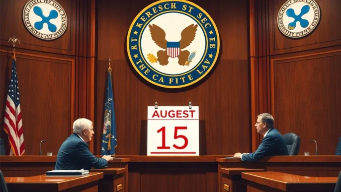 XRP News: Critical August 15 Deadline Looms as Ripple and SEC Battle - XRP Plummets 14.2% Ripple and SEC face off in court with XRP logo in background