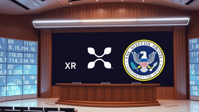 XRP price surge amid SEC legal clarity in a futuristic courtroom setting