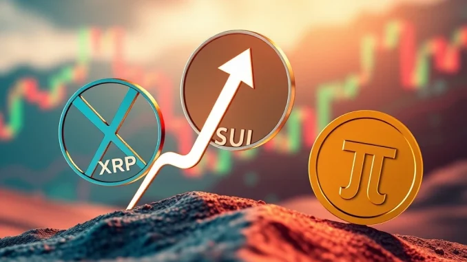 Visualizing XRP News Today's market dynamics, showing XRP's resilient open interest, SUI's strong surge, and Pi Coin's declining momentum amidst altcoin market shifts.