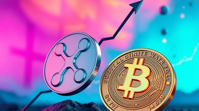 A visual representation of XRP news, showing a rising XRP coin alongside the XYZVerse logo, symbolizing the potential for gains in crypto presales.