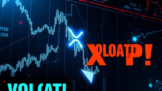 XRP price volatility shown in a dramatic financial chart with downward trend