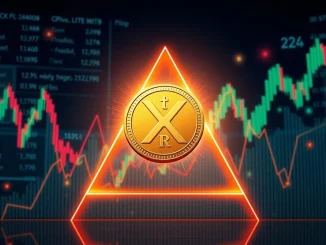 A digital representation of XRP price breaking through a symmetrical triangle, symbolizing its recent surge due to regulatory clarity and institutional interest.