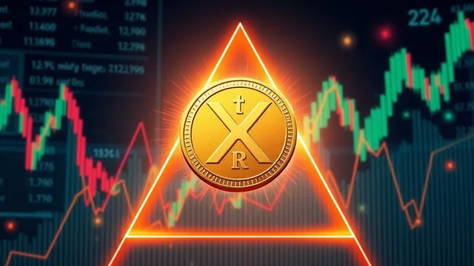 A digital representation of XRP price breaking through a symmetrical triangle, symbolizing its recent surge due to regulatory clarity and institutional interest.