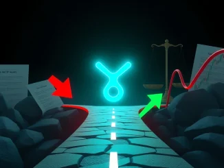 XRP price chart showing a double top pattern with arrows indicating potential drop and rally, symbolizing market uncertainty and regulatory impact.