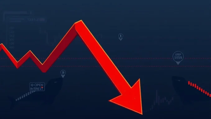 A dramatic red downward arrow on a cryptocurrency chart, symbolizing the recent XRP price fall and market correction.