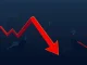 A dramatic red downward arrow on a cryptocurrency chart, symbolizing the recent XRP price fall and market correction.