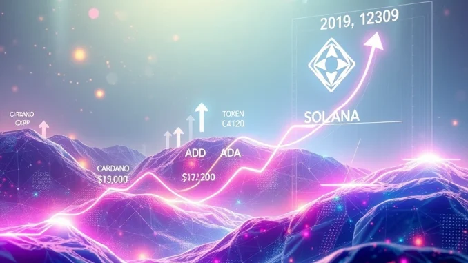 An illustrative chart showing the projected XRP price prediction alongside ADA and SOL, symbolizing significant growth by 2030.