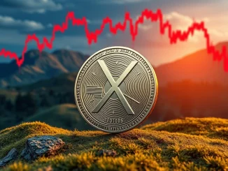 An XRP coin descending amidst red market charts, symbolizing the alarming XRP price plunge due to recent large liquidations.