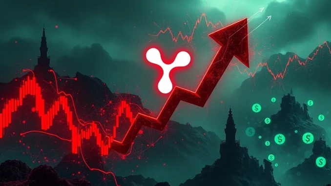 A sharp decline on an XRP price chart with falling crypto symbols, illustrating the recent market downturn and significant liquidations.