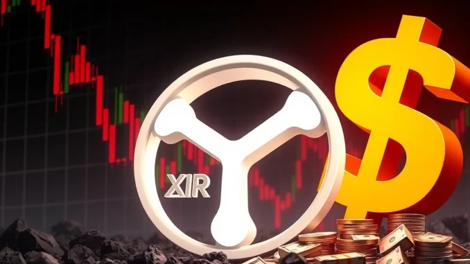 Chart showing a steep XRP price dip with red arrows and indicators pointing downwards, reflecting the current bearish XRP market outlook and selling pressure.