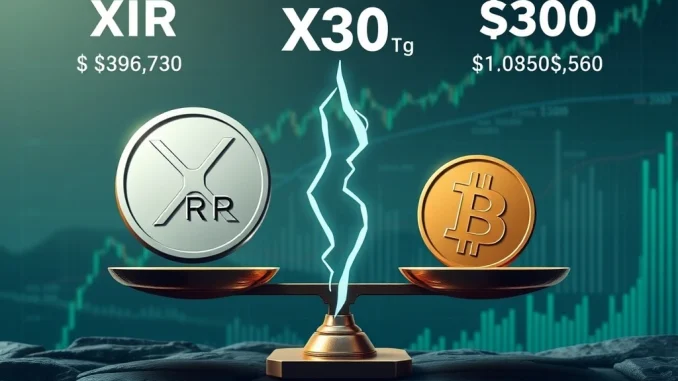 A visual representation comparing the theoretical $30 **XRP price prediction** based on the 2018 Bitcoin ratio to its current market value, highlighting the market disparity.