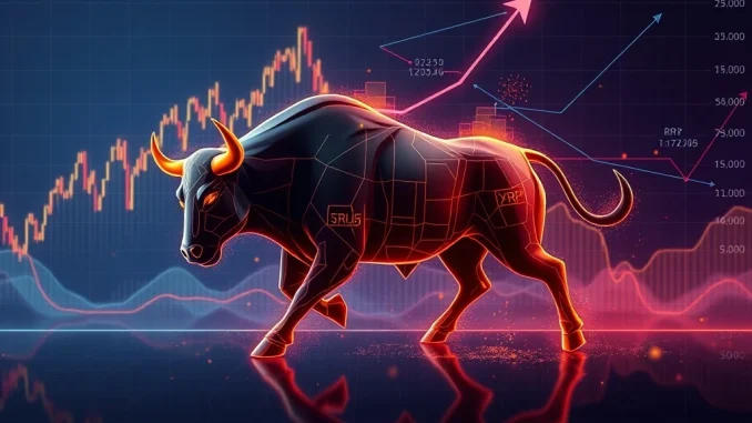 A dynamic chart showing a significant upward XRP price prediction, illustrating potential 320-500% gains in its final Elliott Wave.