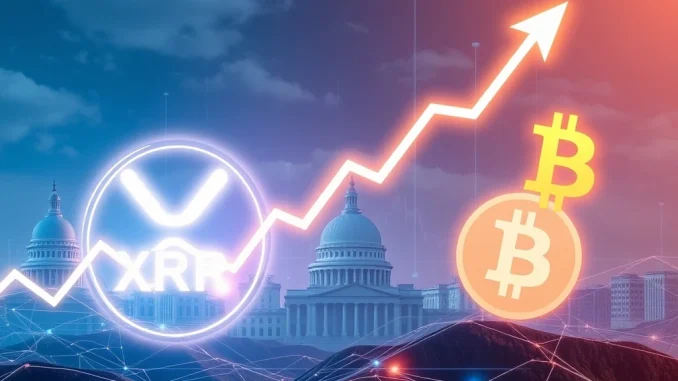 A dynamic chart showing XRP price projections reaching $5,000, influenced by Bitcoin's rise and positive regulatory news.