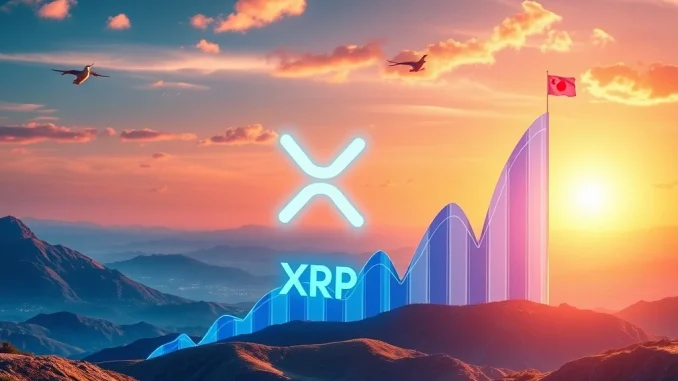 A dynamic chart showing a significant XRP price surge, overlaid with symbols representing open interest growth and global trade agreements.