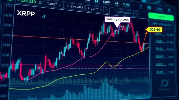 XRP price chart with Fibonacci levels highlighting $26.60 target and volatility risks.
