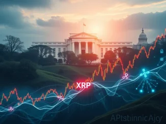 A volatile crypto chart showing a significant XRP price surge amidst symbols of presidential influence and AI, representing the current crypto market outlook.