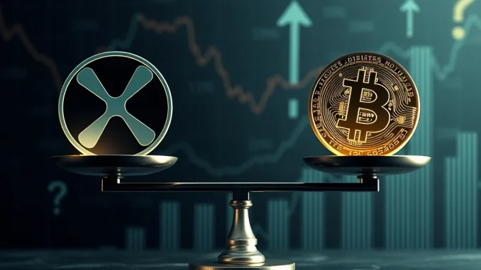 A visual representation of the XRP price and Bitcoin ratio debate, showing the significant valuation gap.